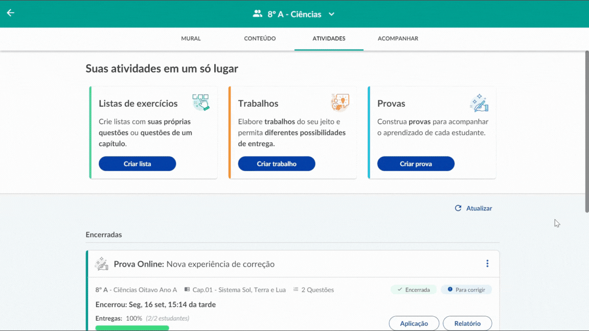 Interface do Anti-cola — histórico de ações do estudante durante a atividade
