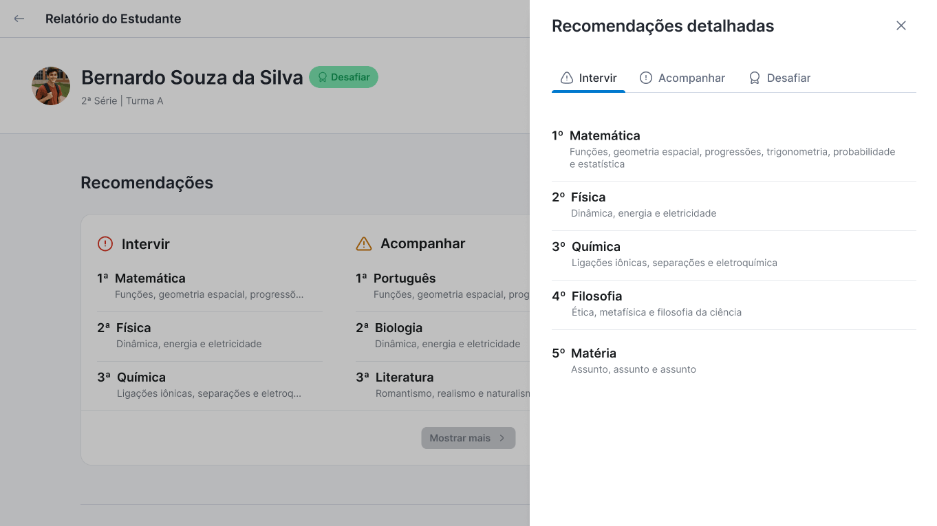 Student list with personalized study recommendations by subject